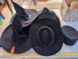 lot 338 image: Assorted Black Hats Including Witch Hats, Cowboy Hats, and Greek Fisherman Cap