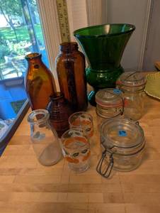 lot 349 image: Collection of Vintage Glass Bottles, Jars, and Green Vase