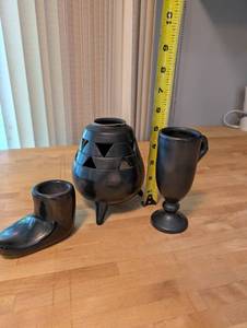 lot 373 image: Collection of 3 Black Pottery Pieces Including Boot Vase, Chalice, and Tripod Vessel