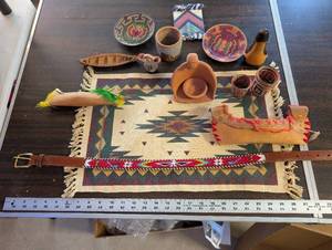 lot 376 image: Collection of Native American Style Miniatures, Woven Baskets, Pottery, and Beaded Belt