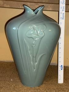 lot 46 image: Tall Celadon Art Pottery Vase with Embossed Floral Design