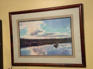 lot 60 image: Framed Print by H. Thompson 1988 - Rowboat on Lake 49x37