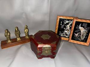 lot 93 image: Asian Decor Collection Brass Figurines, Hexagonal Jewelry Box, and Framed Artwork