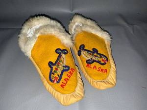 lot 99 image: Alaska Embroidered Shearling Moccasin Slippers