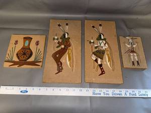 lot 101 image: Set of 4 Southwestern Sand Art Plaques with Native American Figures and Pottery Motif