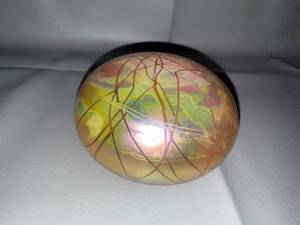 lot 107 image: Iridescent Signed Art Glass Paperweight with Swirl Design