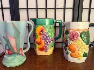 lot 110 image: Set of 3 Vintage Hand-Painted Ceramic Pitchers
