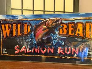 lot 124 image: Wild Bear Salmon Run IGT Slot Machine Glass Panel Sign 24 Inch