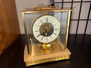lot 132 image: Vintage Glass and Brass Mantel Clock with Exposed Mechanism