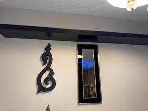 lot 149 image: Black Wall Art and Framed Mirror Set with Floating Shelves