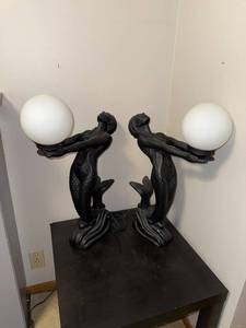 lot 150 image: Pair of Vintage Black Mermaid Table Lamps with Frosted Glass Globes