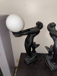 Pair of Vintage Black Mermaid Table Lamps with Frosted Glass Globes