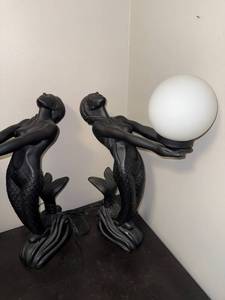 Pair of Vintage Black Mermaid Table Lamps with Frosted Glass Globes