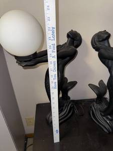 Pair of Vintage Black Mermaid Table Lamps with Frosted Glass Globes