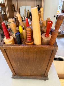 lot 221 image: Collection of Vintage Wooden Rolling Pins and Butter Molds in Wooden Caddy