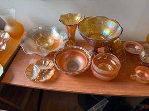 lot 227 image: Collection of Vintage Iridescent Carnival Glass Bowls, Cups, and Decor