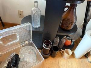 lot 228 image: Assorted Vintage Glassware, Bottles, Mug, and Decorative Vase Collection