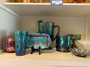 lot 230 image: Set of Carnival Glass Drinkware and Serving Pieces with Grape Design
