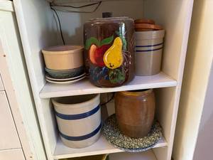 lot 237 image: Collection of Vintage Stoneware Crocks, Lidded Jar, and Ceramic Bowls