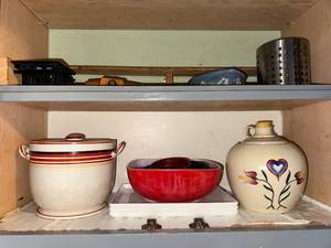 lot 272 image: Vintage Kitchenware and Collectibles Assortment with Crock, Bowls, Jug, and Decorative Box