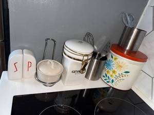 lot 285 image: Kitchenware Collection with Vintage Tin, Canister, Utensil Holders, and Spice Shakers
