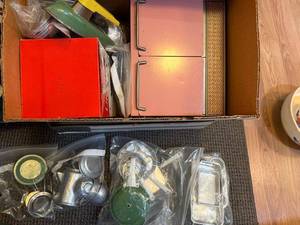 lot 291 image: Vintage Metal Pink Toy Kitchen Set with Stove, Tinware, and Iron