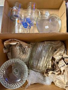 lot 298 image: Collection of Glass Drinkware and Serving Pieces Including Mugs, Beer Pitcher, and Apple Dish