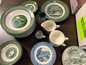 lot 299 image: Colonial Homestead Green Transferware Dish Set by Royal USA