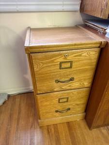 lot 310 image: Wooden Two-Drawer File Cabinet with Brass Handles