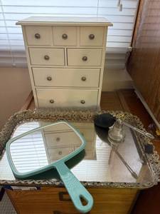 lot 311 image: Decorative White Jewelry Organizer with Mirror, Vintage Glass Atomizer, and Mirrored Tray