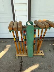 lot 402 image: Vintage Wooden Croquet Set with Mallets, Balls, and Stand