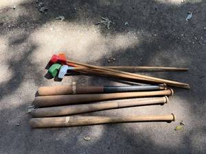 lot 405 image: Lot of 4 Vintage Wooden Baseball Bats and 4 Croquet Mallets