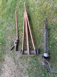 lot 430 image: Group of Antique Tools including an Antique Hand Truck and Post Hole Digger