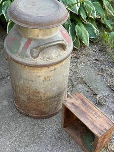 lot 431 image: Vintage Metal Milk Can and Winchester Air Rifle Shot Wooden Box