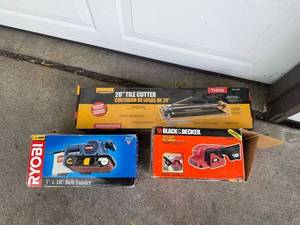 lot 444 image: Ryobi Belt Sander, WorkForce 20 in Tile Cutter, Black & Decker 3 in 1 Saw Lot
