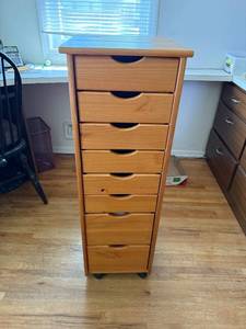 lot 379 image: Tall Wooden 7-Drawer Storage Cabinet on Wheels