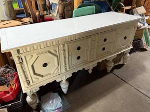lot 485 image: Antique White Wooden Sideboard with Ornate Detailing