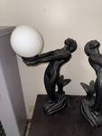 Pair of Vintage Black Mermaid Table Lamps with Frosted Glass Globes