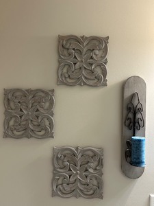 lot 96 image: Set of 3 Ornate Wall Plaques with Metal Candle Sconce and Blue Candle