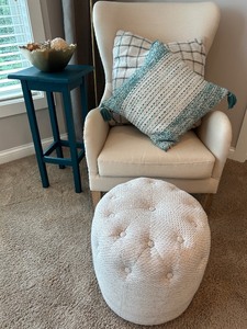 lot 102 image: Tommy Hilfiger Beige Armchair with Tufted Ottoman, Floor Lamp, Side Table and 2 Decorative Pillows