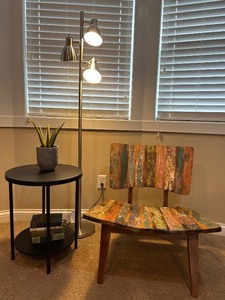 lot 109 image: Accent Furniture Set with Multicolor Wood Chair, Modern Side Table, and Floor Lamp