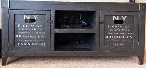 lot 111 image: Industrial Style Black Wood TV Console with NY Print and Storage