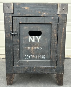 lot 111A image: Industrial Black Wooden Cabinet with N.Y. Bronx Central Park Stencil