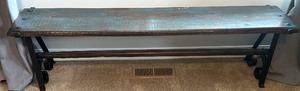 lot 118 image: Rustic Industrial Wood and Metal Bench with Scroll Legs