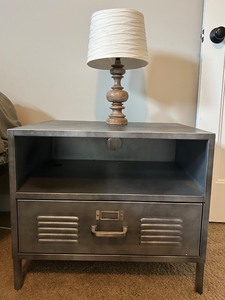 lot 120 image: Pottery Barn Metal Nightstand with Drawer and Rustic Lamp