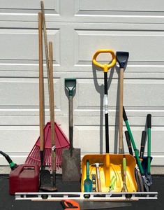 lot 162 image: Large Collection of Lawn, Garden, and Hand Tools with Gas Can