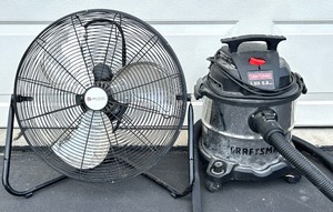 lot 164 image: Utilitech Industrial Floor Fan and Craftsman 5 Gallon WetDry Shop Vacuum with Attachment