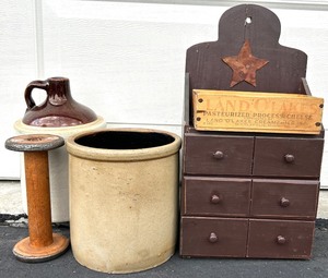 lot 167 image: Antique Stoneware Crock, Creamery Poison Advertising Jug Out of Mpls., Wooden Cheese Box Drawers & Spool Collection