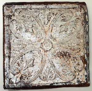 lot 13 image: Antique Ornate Pressed Tin Ceiling Tile with Distressed Paint
