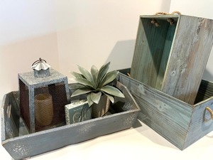 lot 14 image: Rustic Wood Decor Set with Trays, Lantern, Faux Plant, and Block Sign